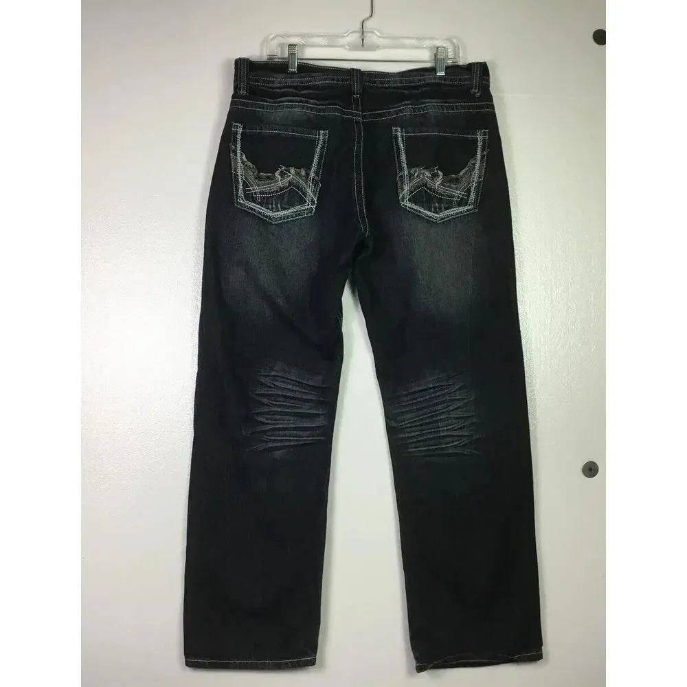 OTB Mens Jeans 38X32 Distressed embroidered StreetWear Blue denim cat whiskers - Picture 4 of 9